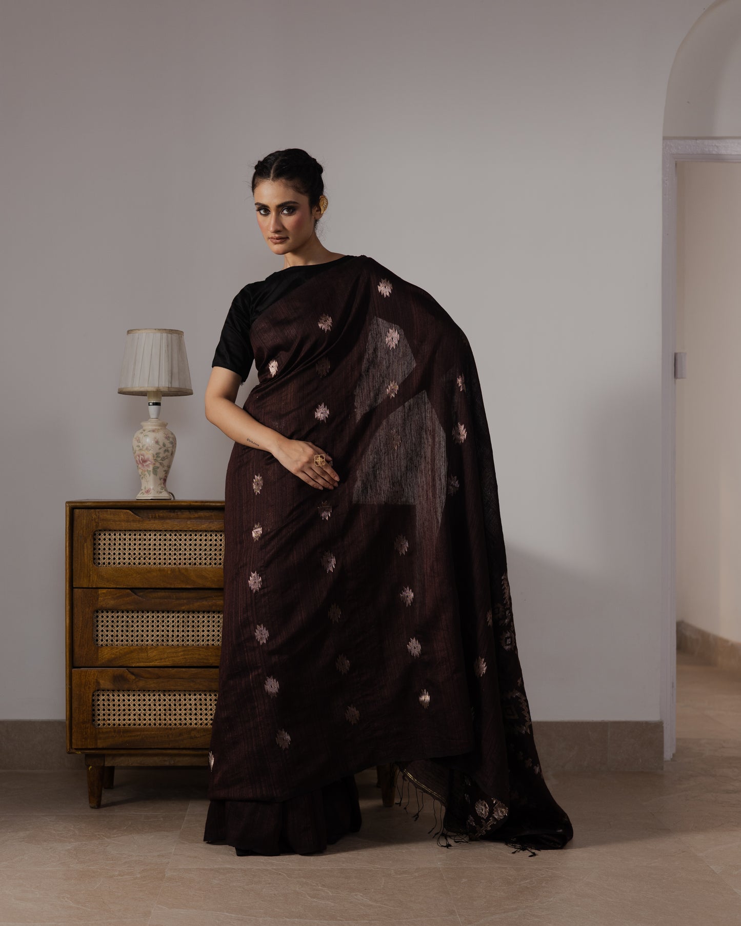 Brown Pure Matka Silk Jamdani Handloom Saree