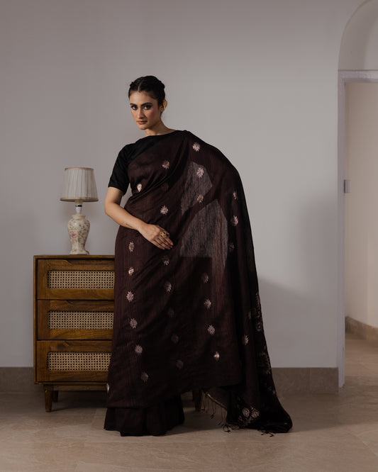 Brown Pure Matka Silk Jamdani Handloom Saree