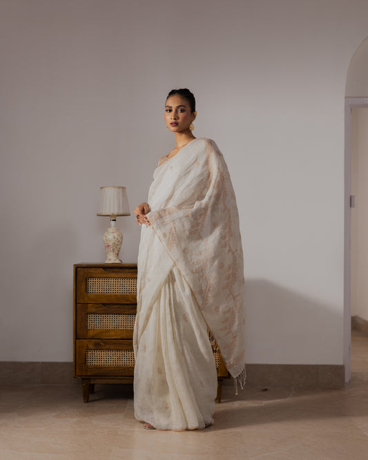 White Pure Linen Jamdani Handloom Saree