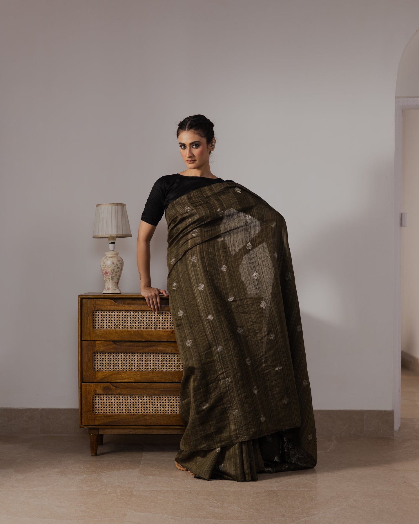 Green Pure Matka SilkJamdani Handloom Saree