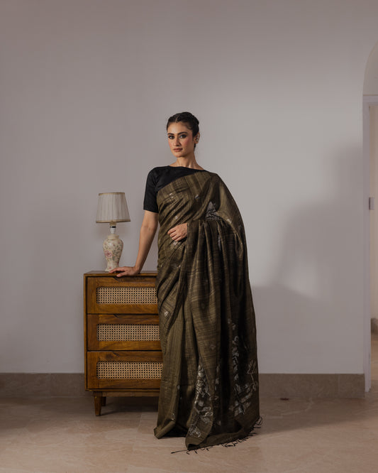 Green Pure Matka SilkJamdani Handloom Saree