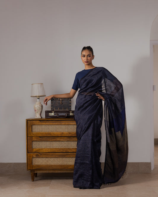Blue Pure Linen Jamdani Handloom Saree