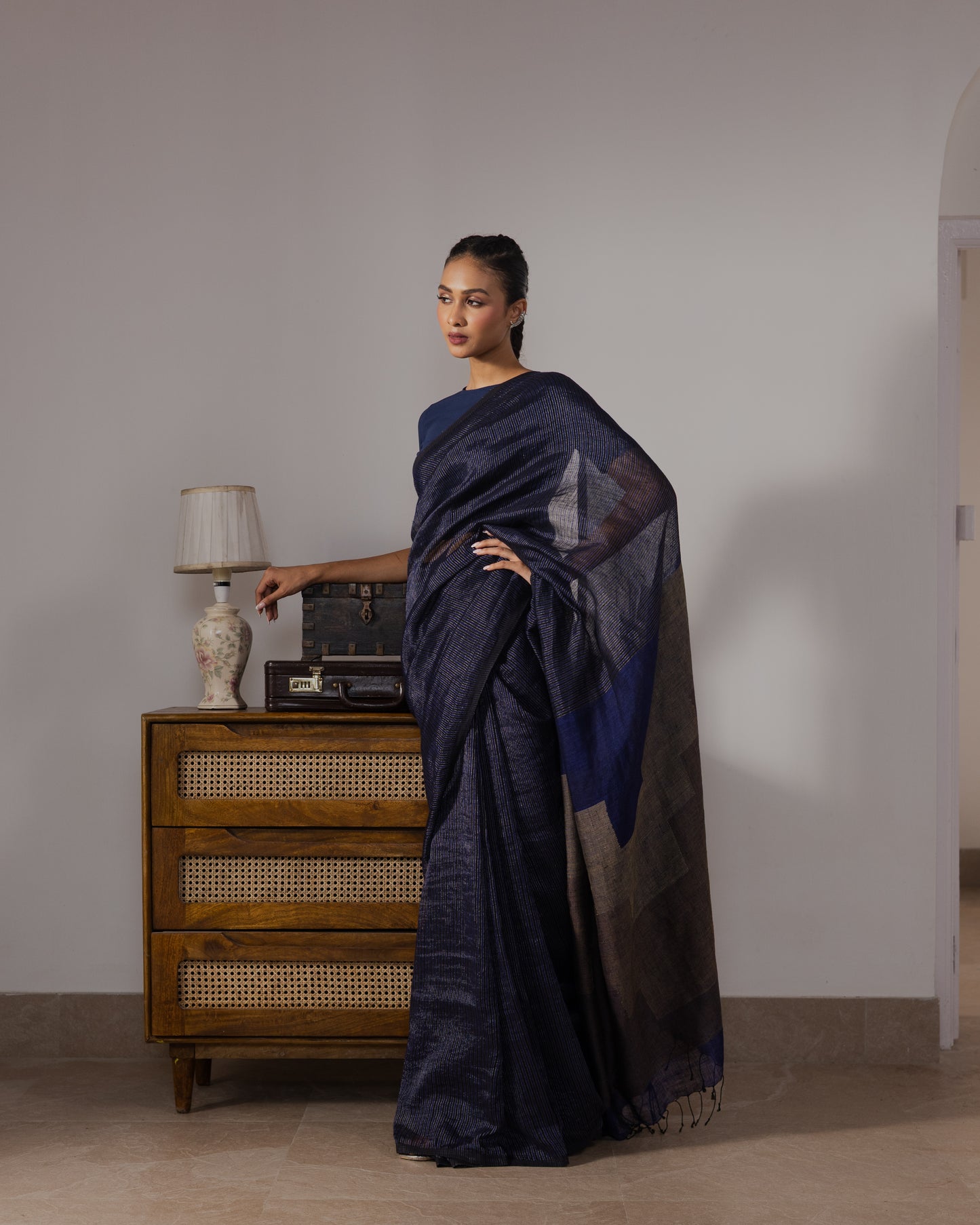 Blue Pure Linen Jamdani Handloom Saree