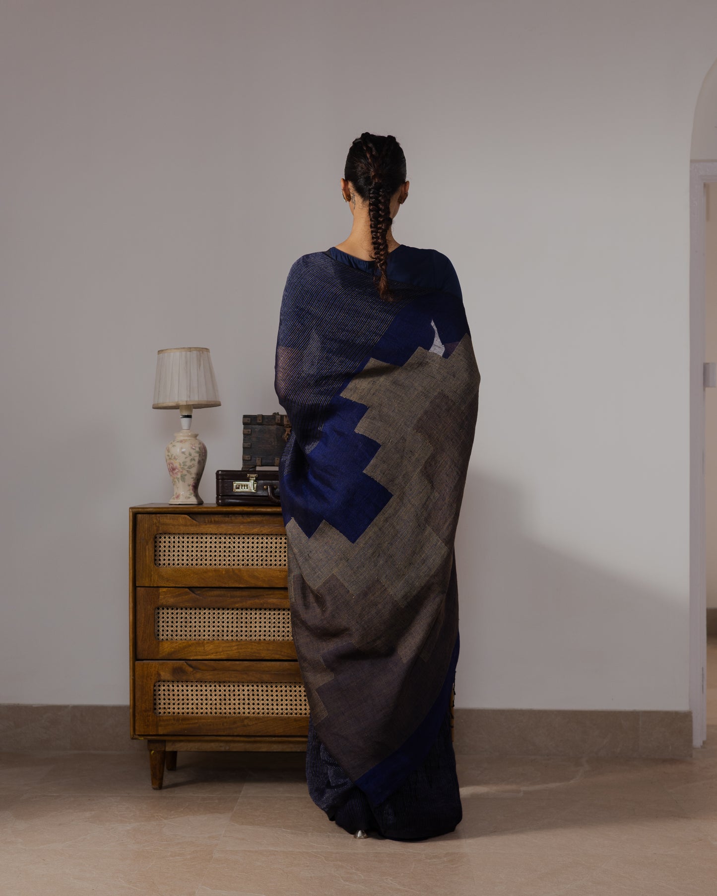 Blue Pure Linen Jamdani Handloom Saree