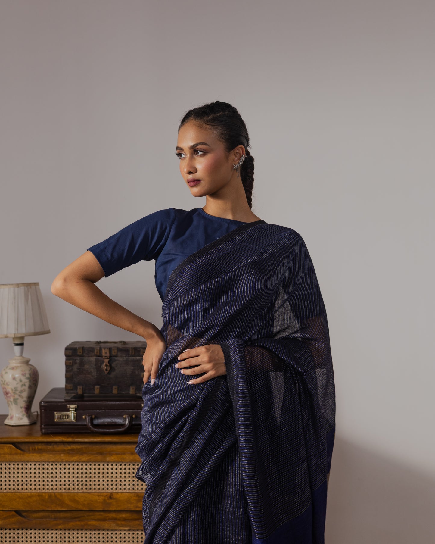 Blue Pure Linen Jamdani Handloom Saree