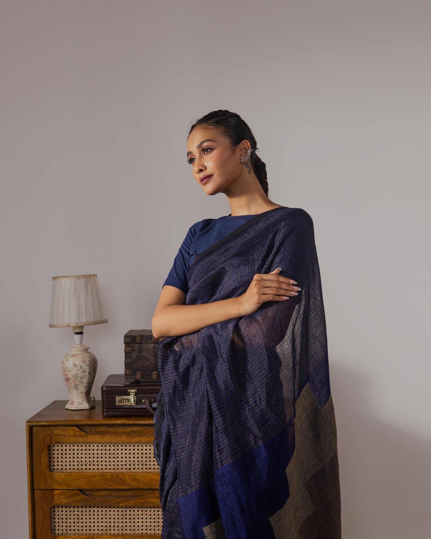 Blue Pure Linen Jamdani Handloom Saree