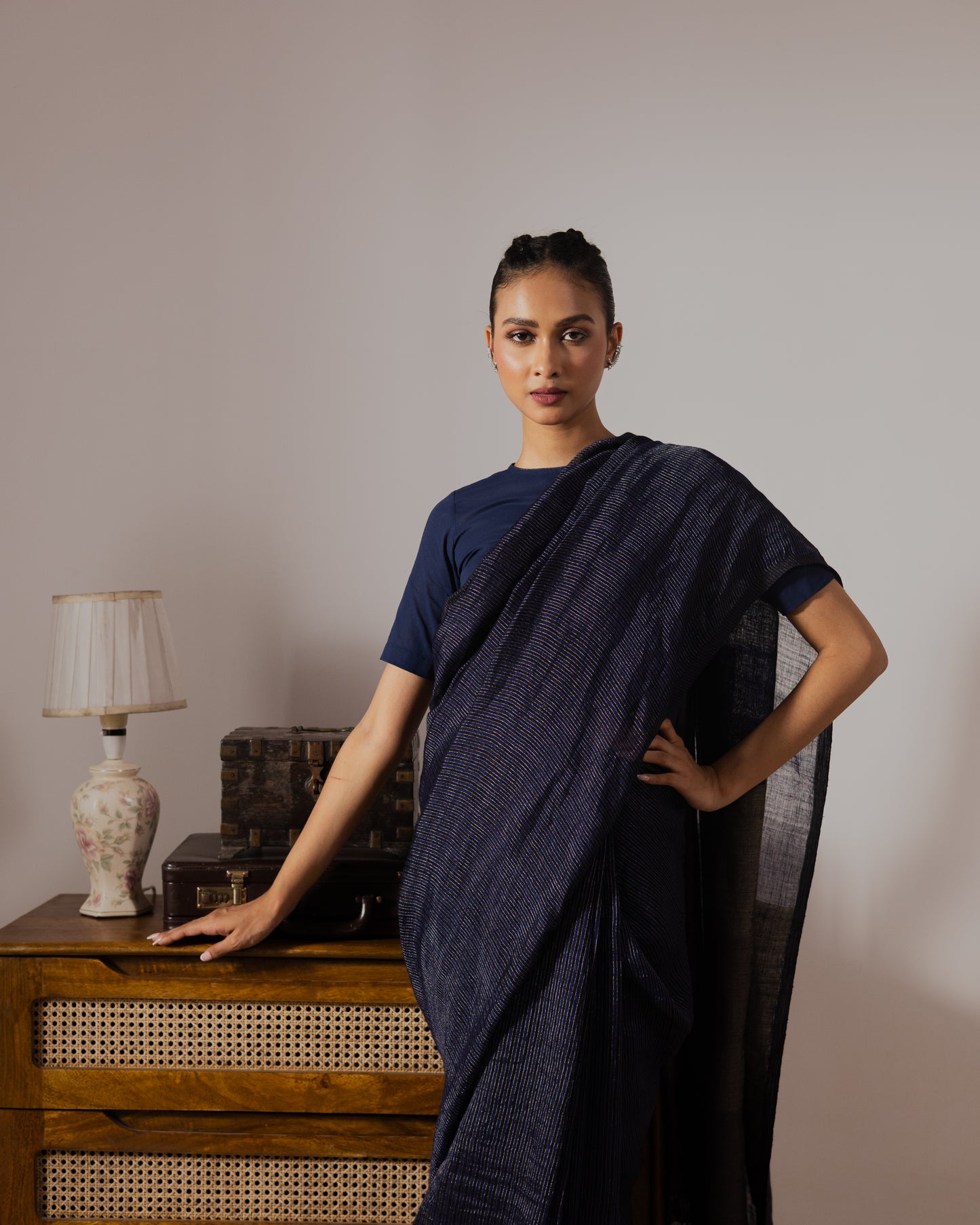 Blue Pure Linen Jamdani Handloom Saree
