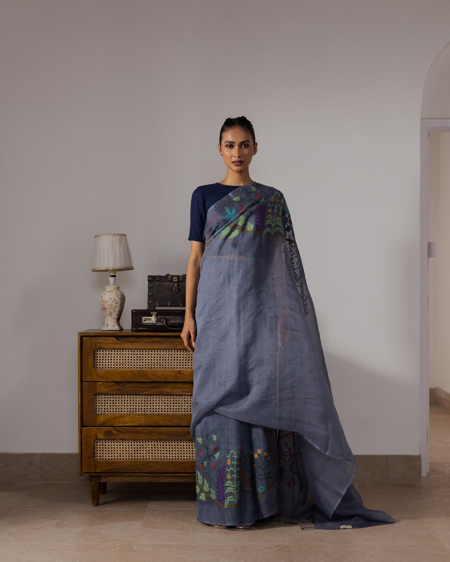 Blue Pure Organza Silk Jamdani Handloom Saree