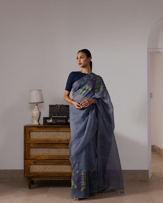 Blue Pure Organza Silk Jamdani Handloom Saree