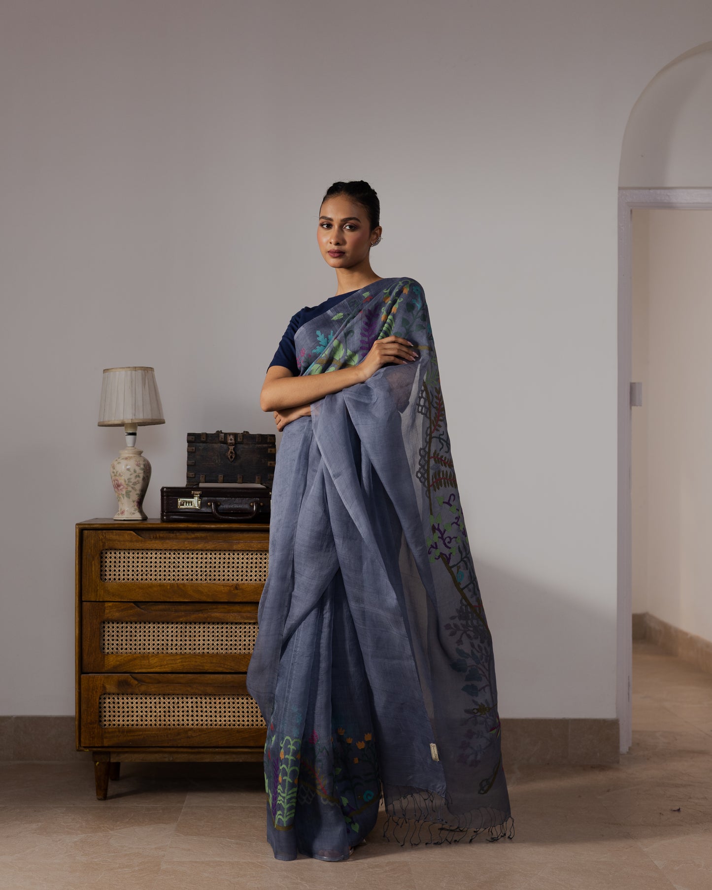 Blue Pure Organza Silk Jamdani Handloom Saree
