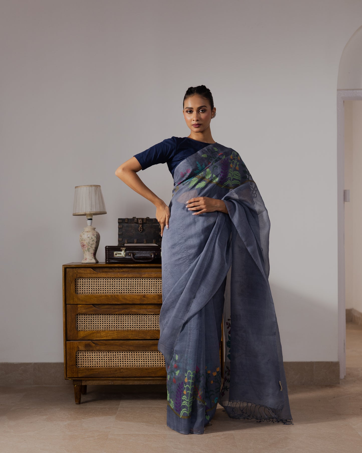 Blue Pure Organza Silk Jamdani Handloom Saree