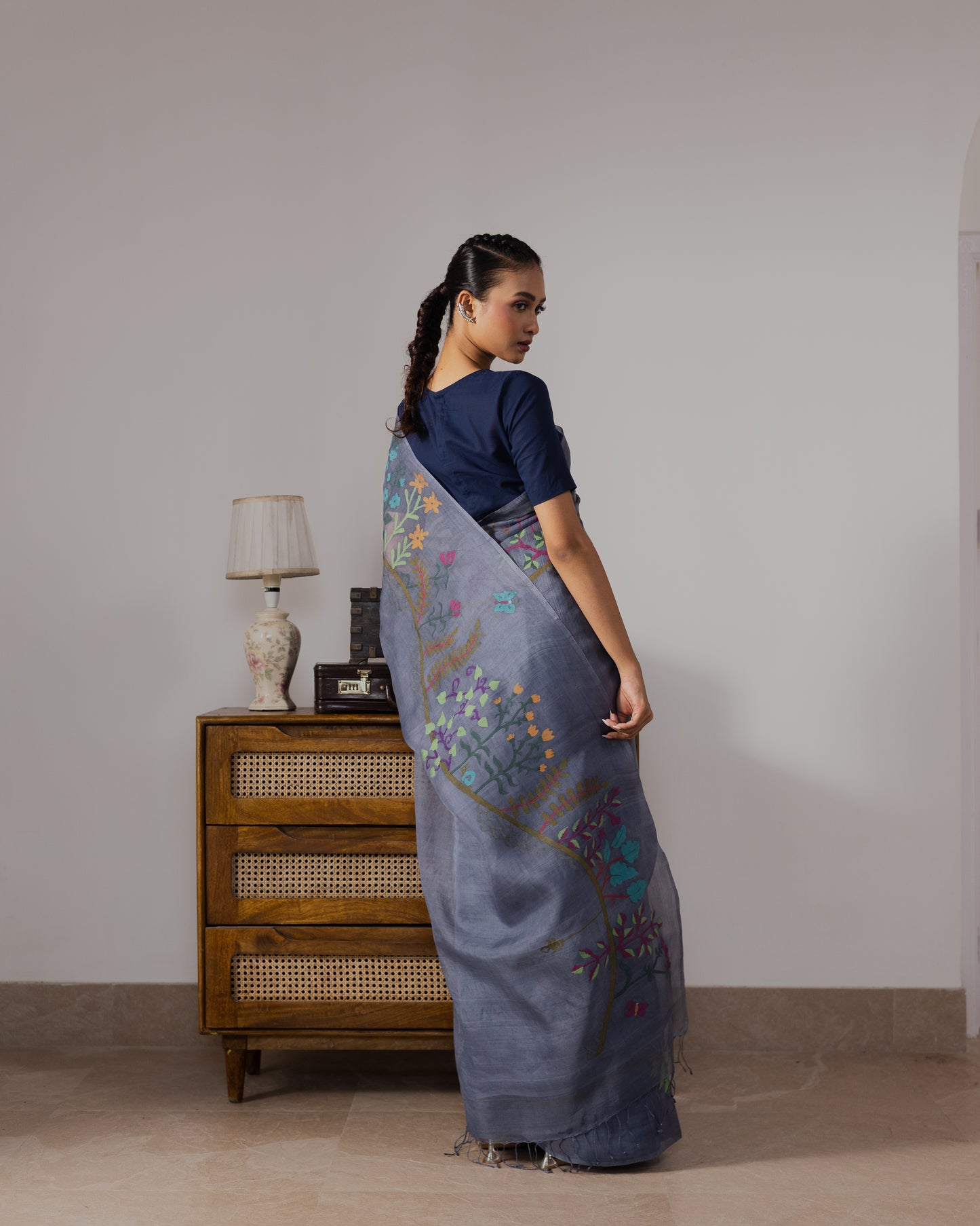 Blue Pure Organza Silk Jamdani Handloom Saree