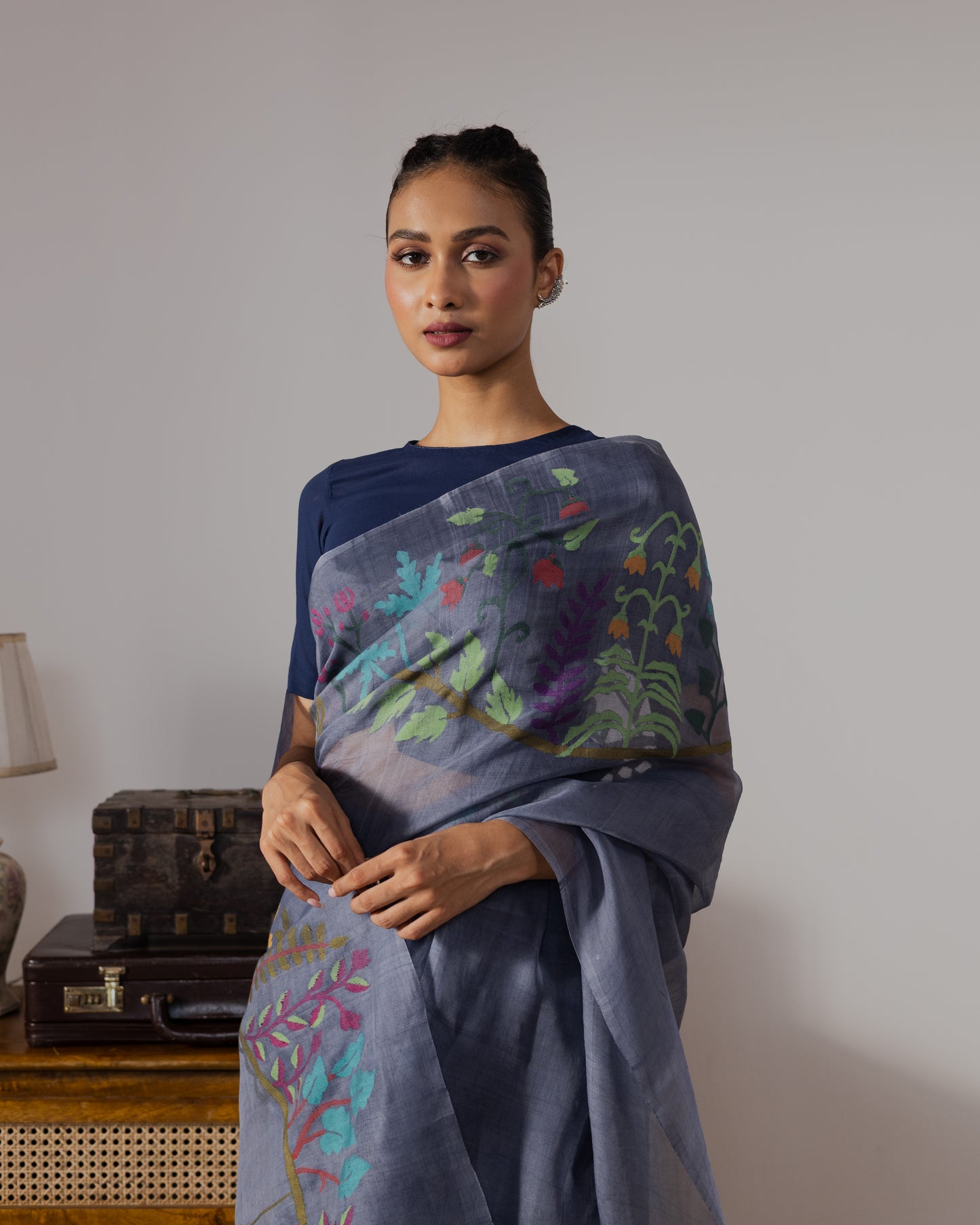 Blue Pure Organza Silk Jamdani Handloom Saree