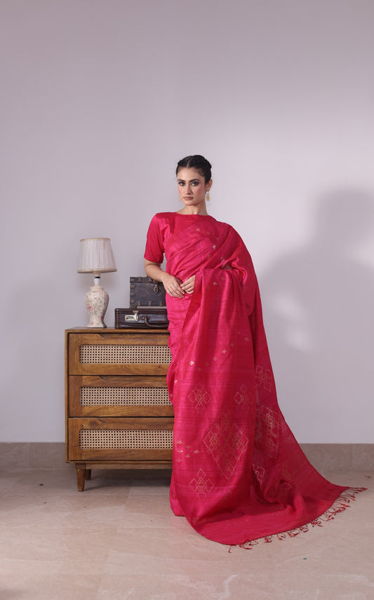 Fuchsia Pure Matka Silk Jamdani Handloom Saree