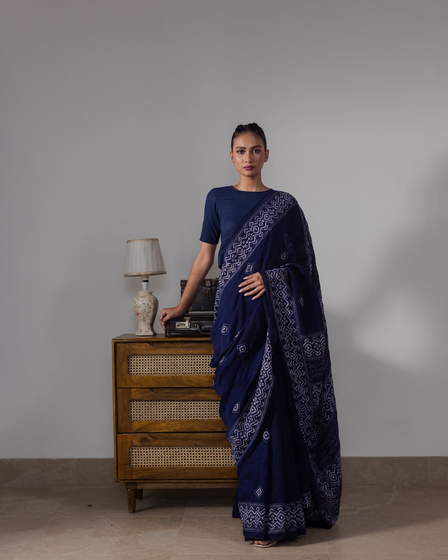 Indigo Kantha Pure Linen  Handloom Saree