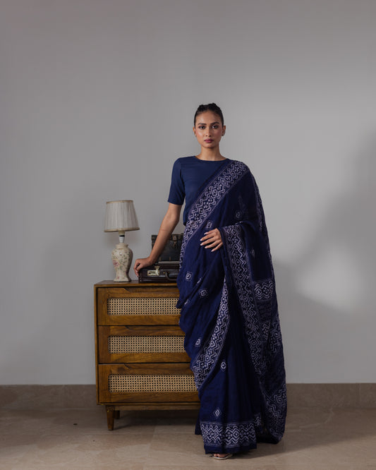 Indigo Kantha Pure Linen  Handloom Saree