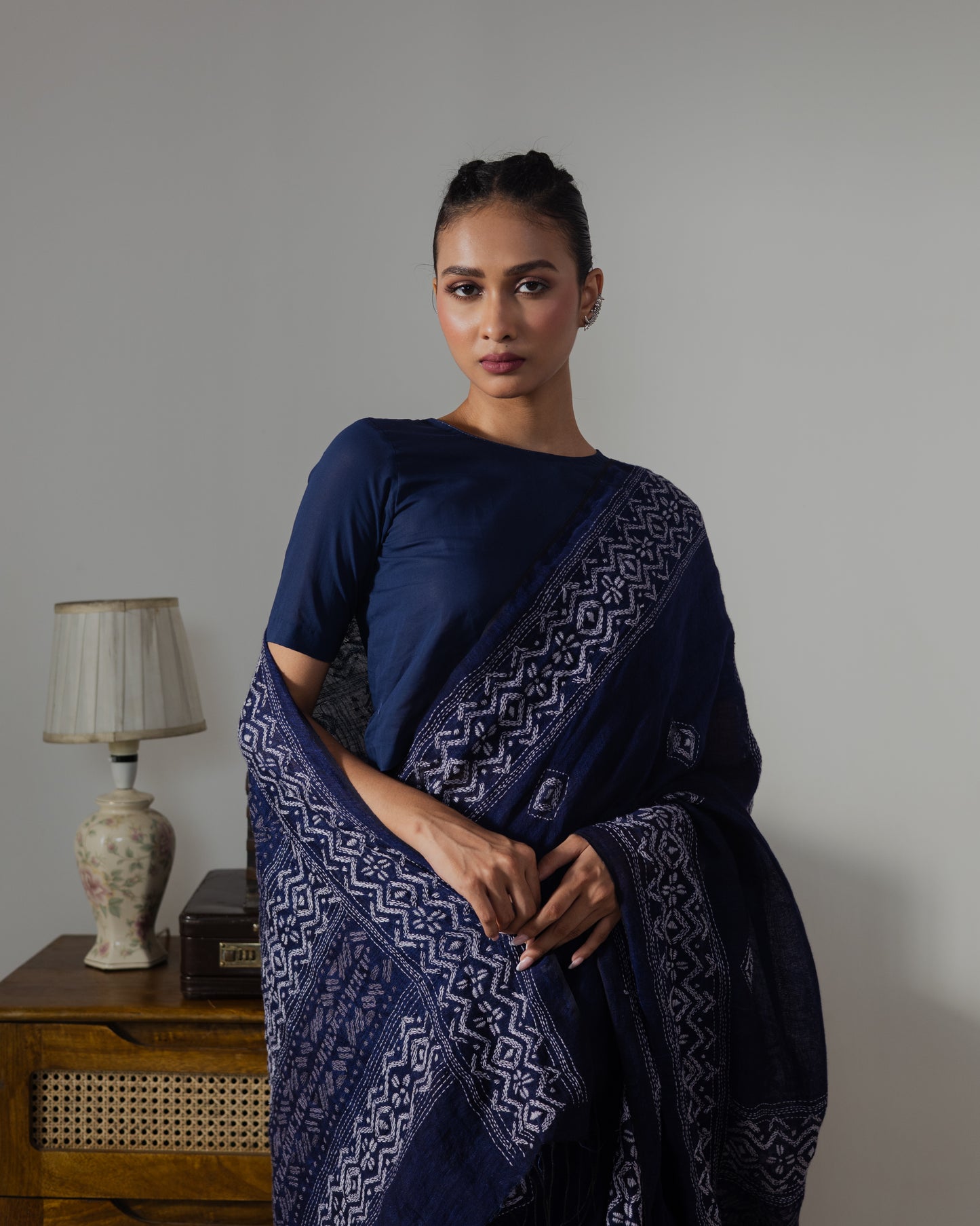 Indigo Kantha Pure Linen  Handloom Saree