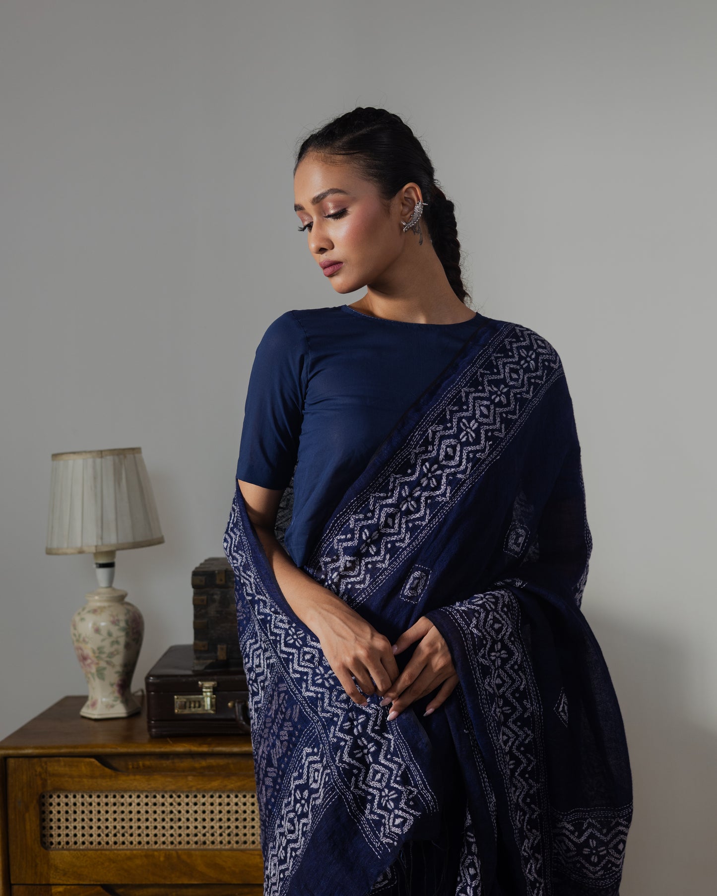 Indigo Kantha Pure Linen  Handloom Saree