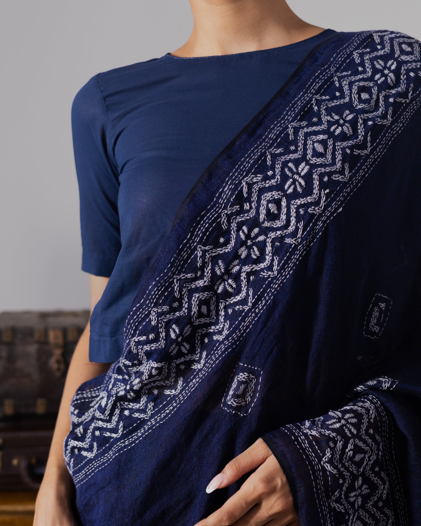 Indigo Kantha Pure Linen  Handloom Saree