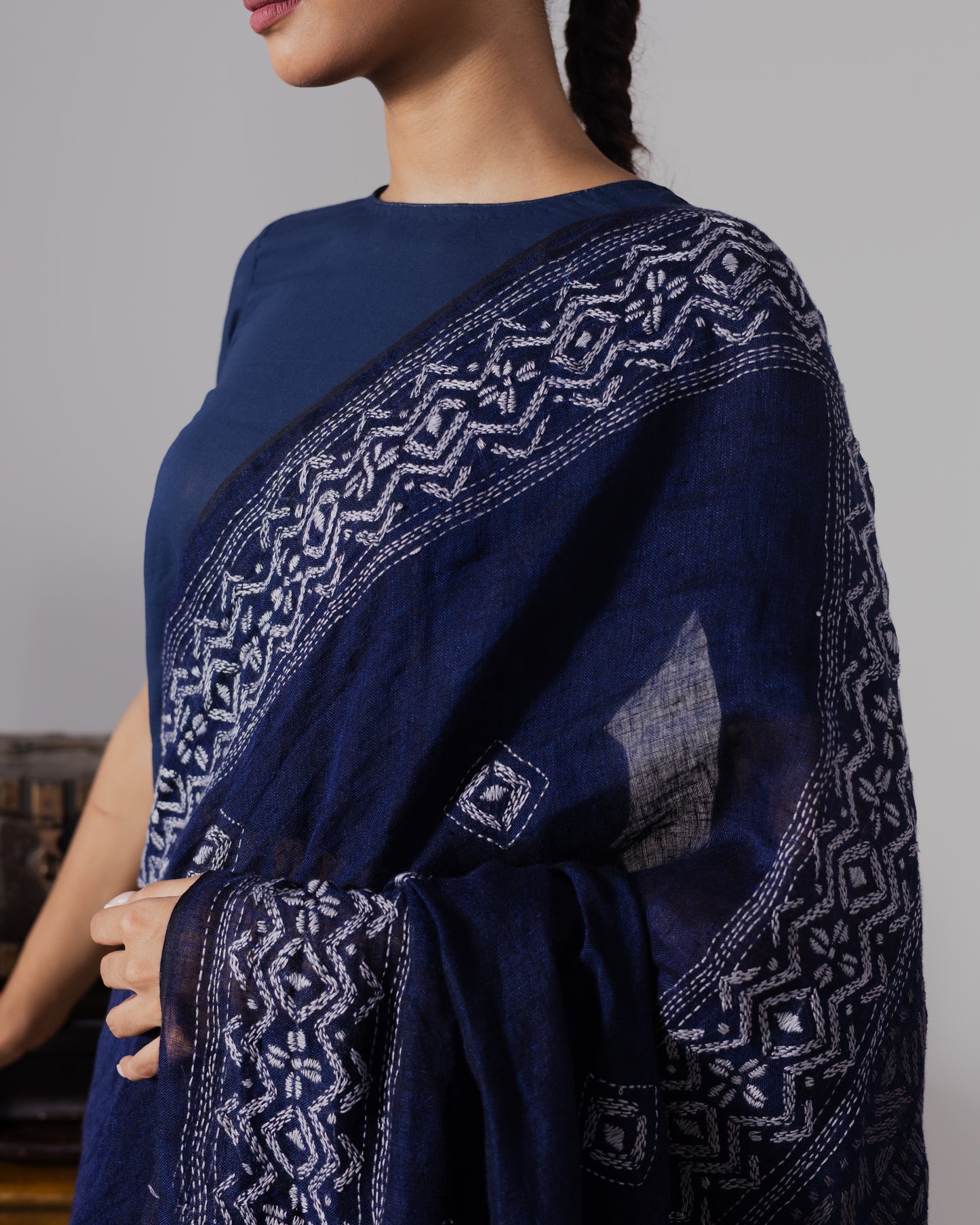 Indigo Kantha Pure Linen  Handloom Saree