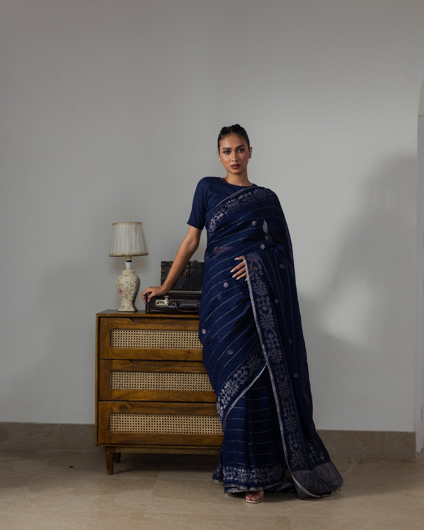 Indigo Pure Linen Jamdani Handloom Saree