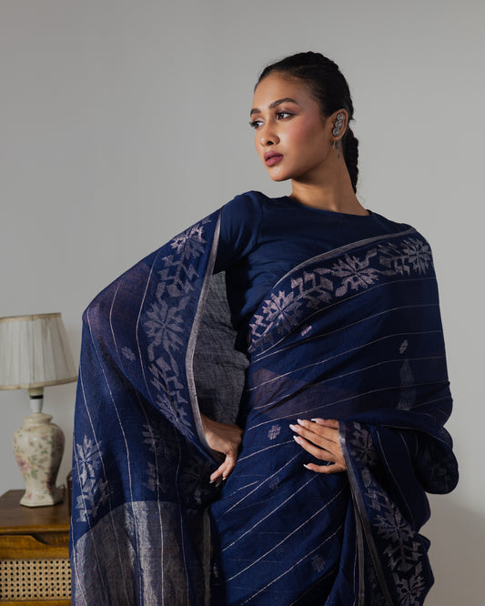 Indigo Pure Linen Jamdani Handloom Saree