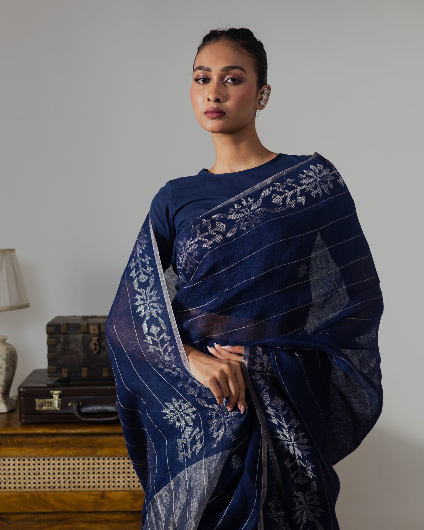 Indigo Pure Linen Jamdani Handloom Saree
