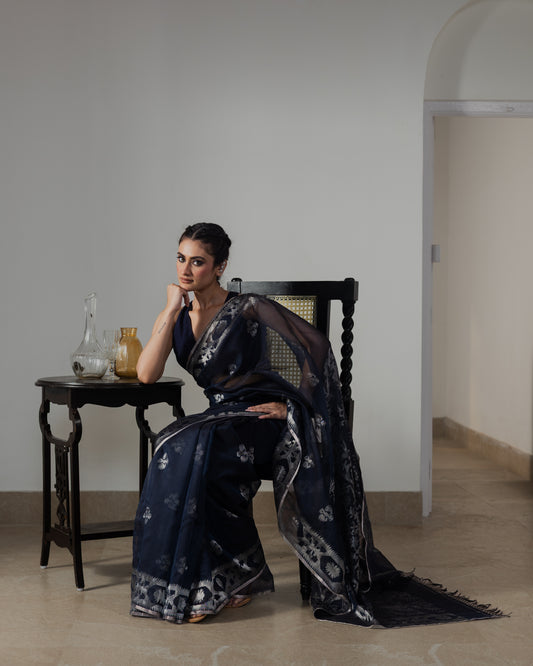 Blue Pure Organza Silk Traditional Jamdani Handloom Saree