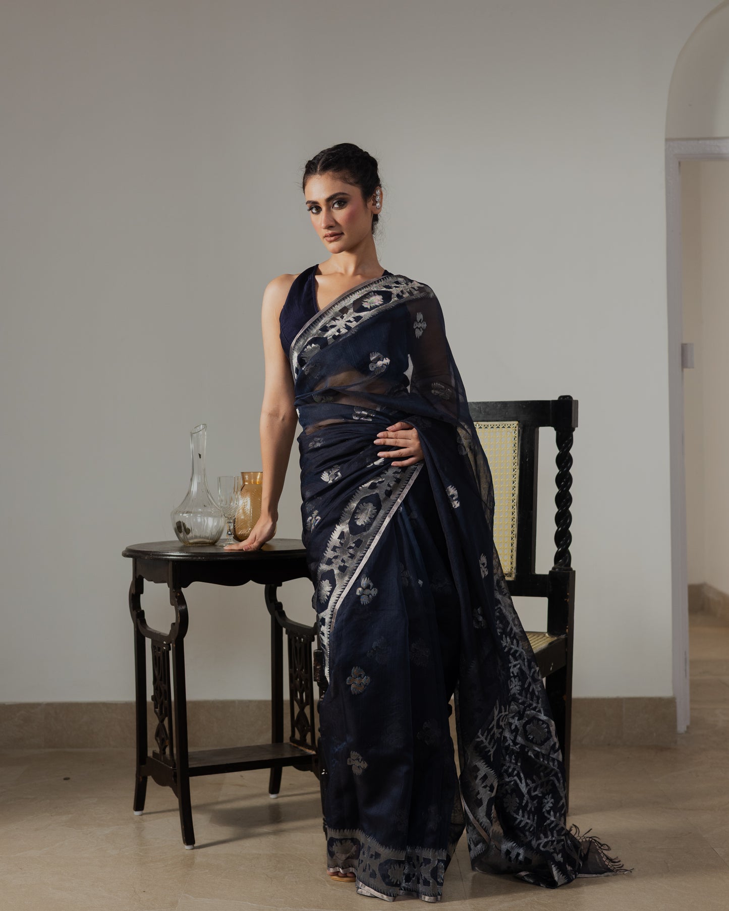 Blue Pure Organza Silk Traditional Jamdani Handloom Saree