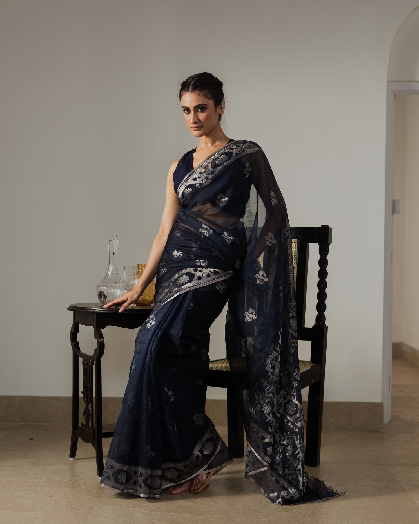 Blue Pure Organza Silk Traditional Jamdani Handloom Saree