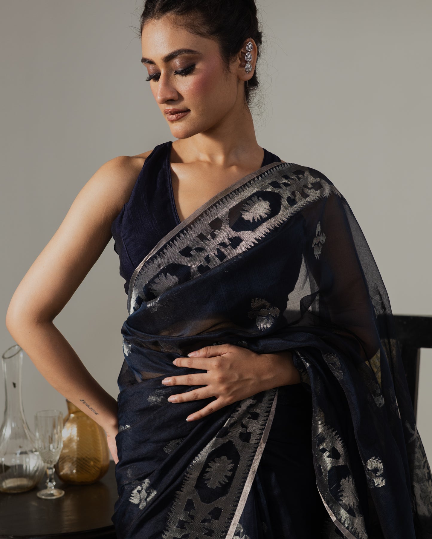 Blue Pure Organza Silk Traditional Jamdani Handloom Saree