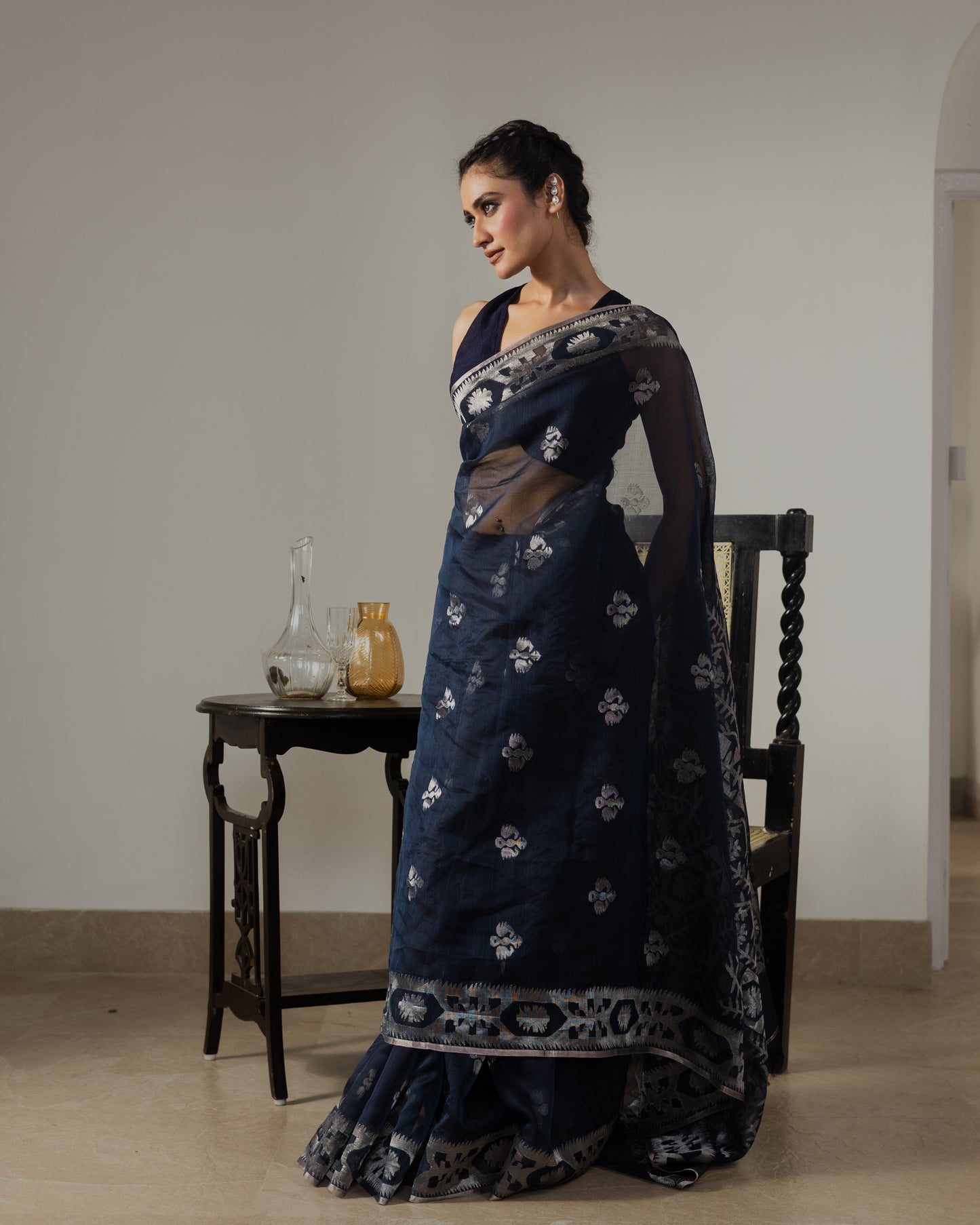 Blue Pure Organza Silk Traditional Jamdani Handloom Saree