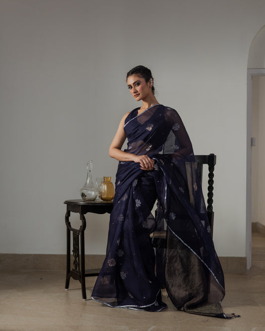 Blue Pure Organza Silk Jamdani Handloom Saree