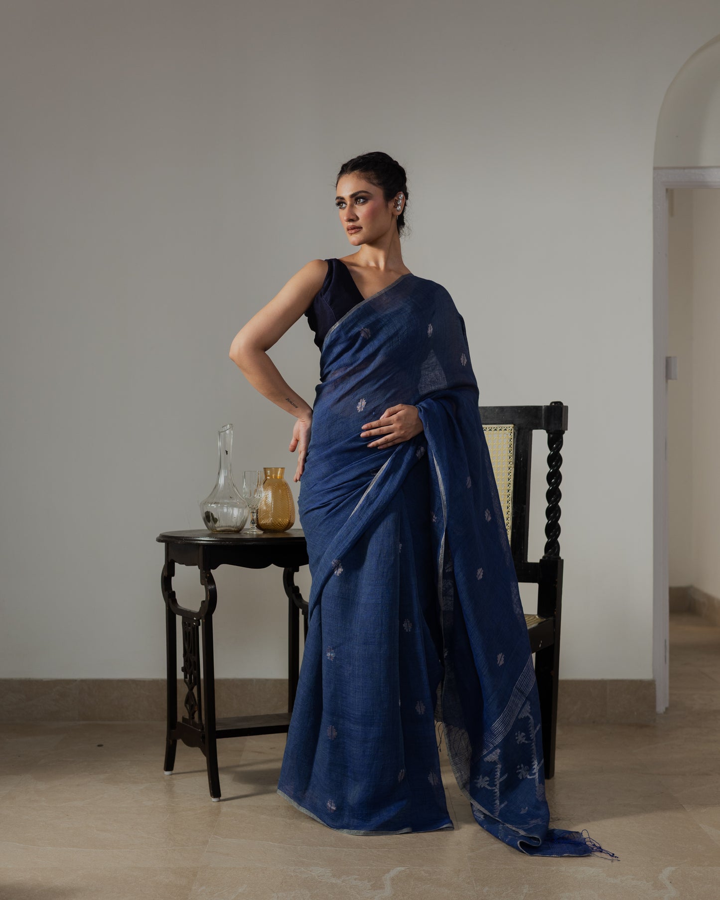 Indigo Pure Linen Jamdani Handloom Saree