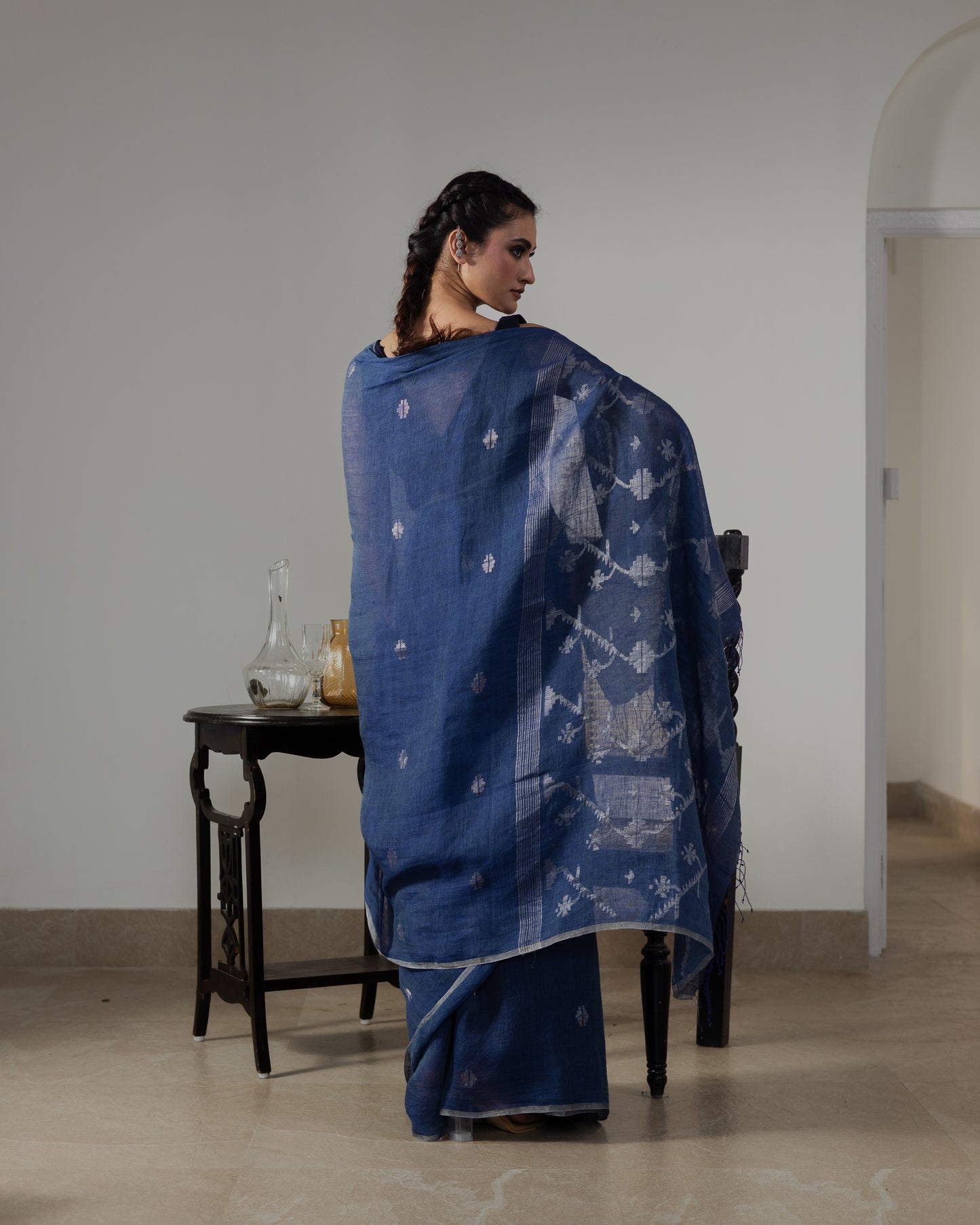 Indigo Pure Linen Jamdani Handloom Saree