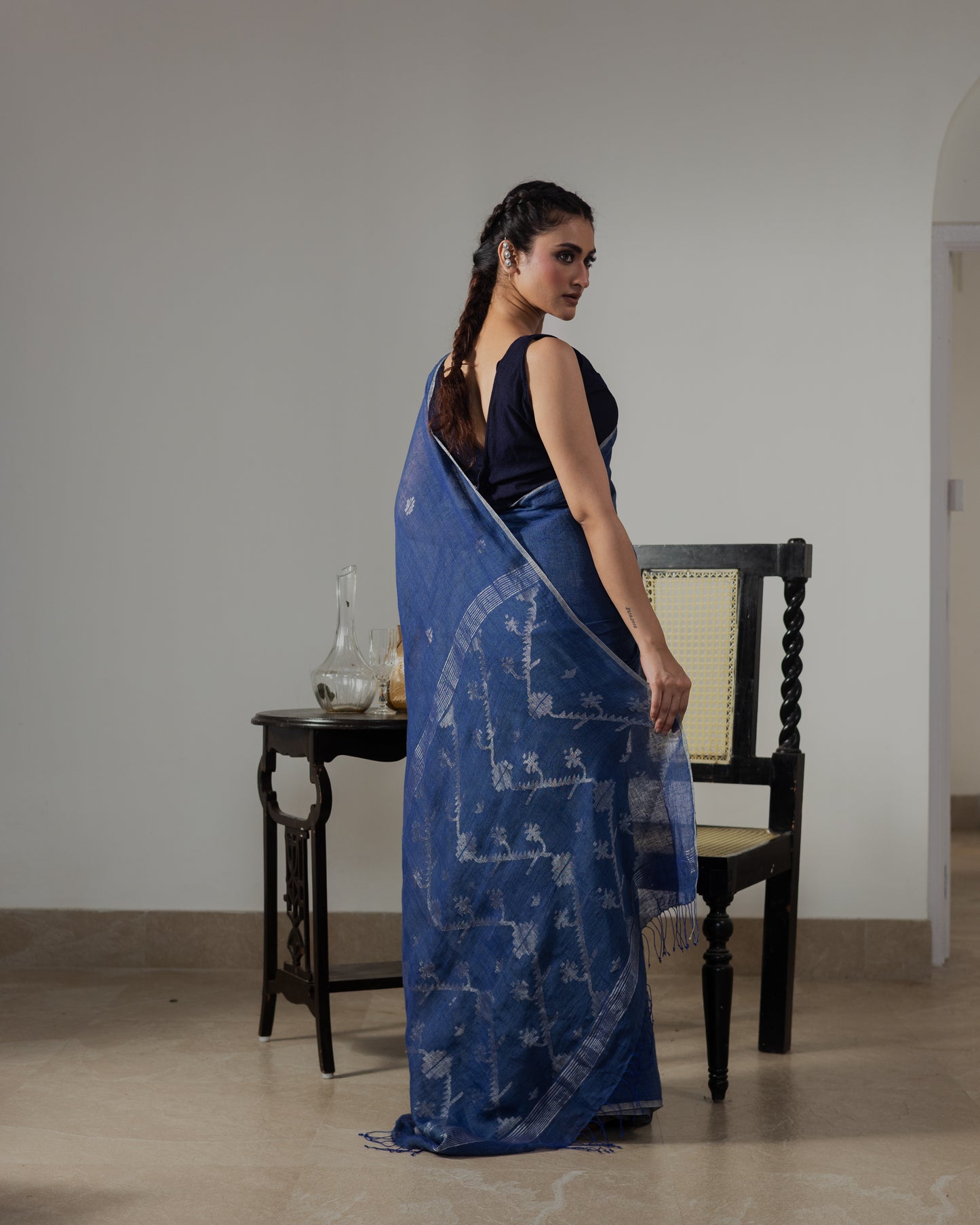 Indigo Pure Linen Jamdani Handloom Saree