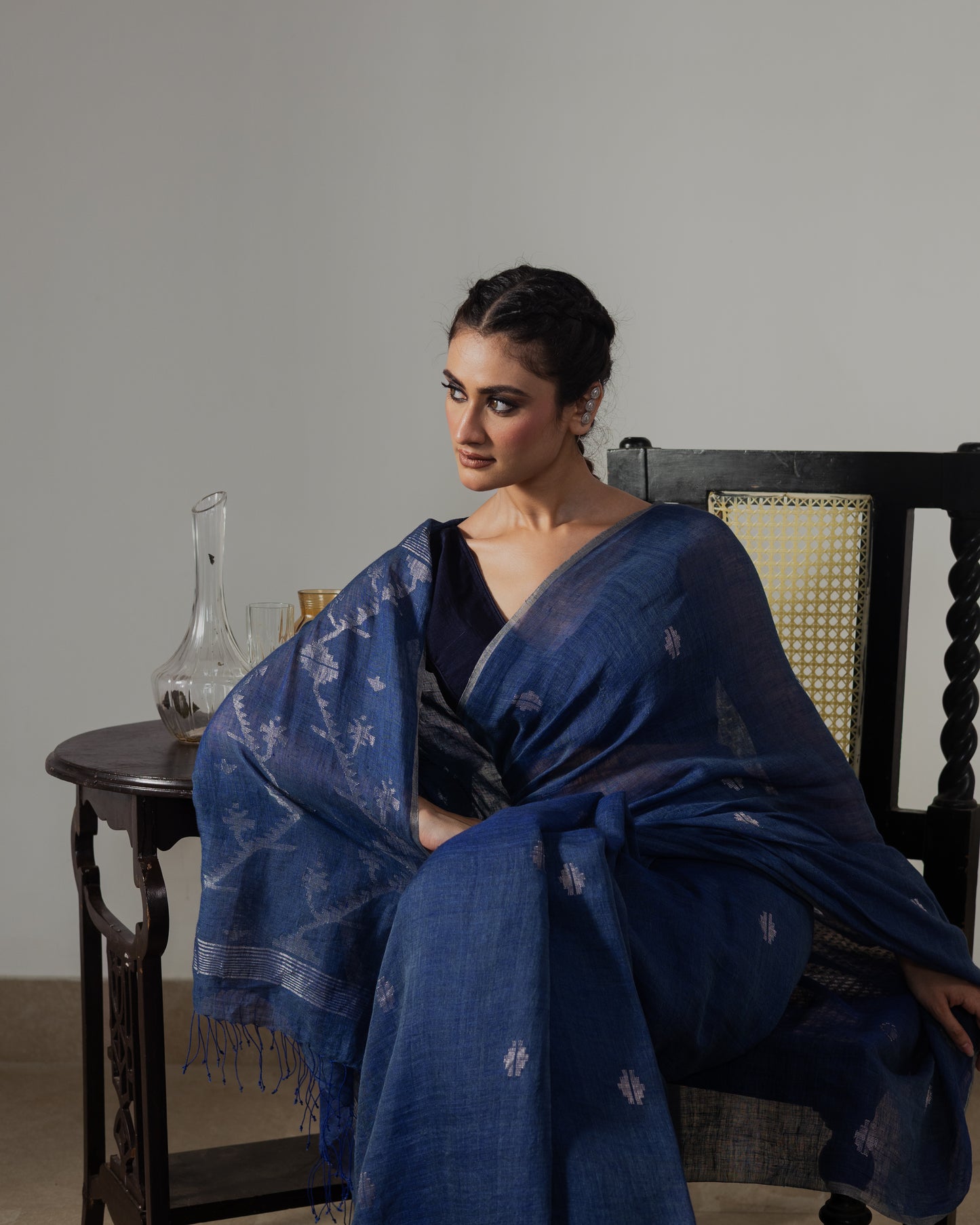 Indigo Pure Linen Jamdani Handloom Saree