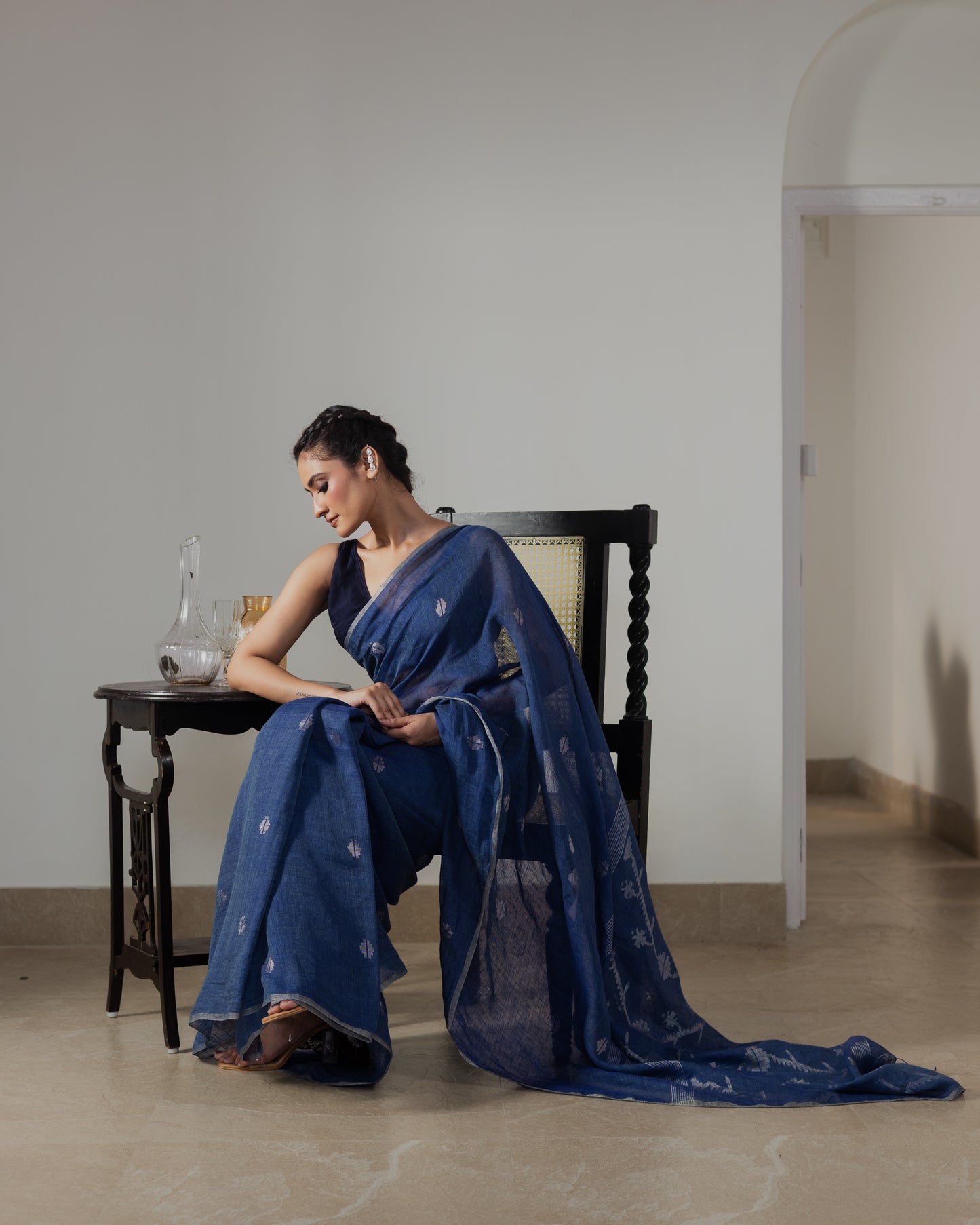 Indigo Pure Linen Jamdani Handloom Saree