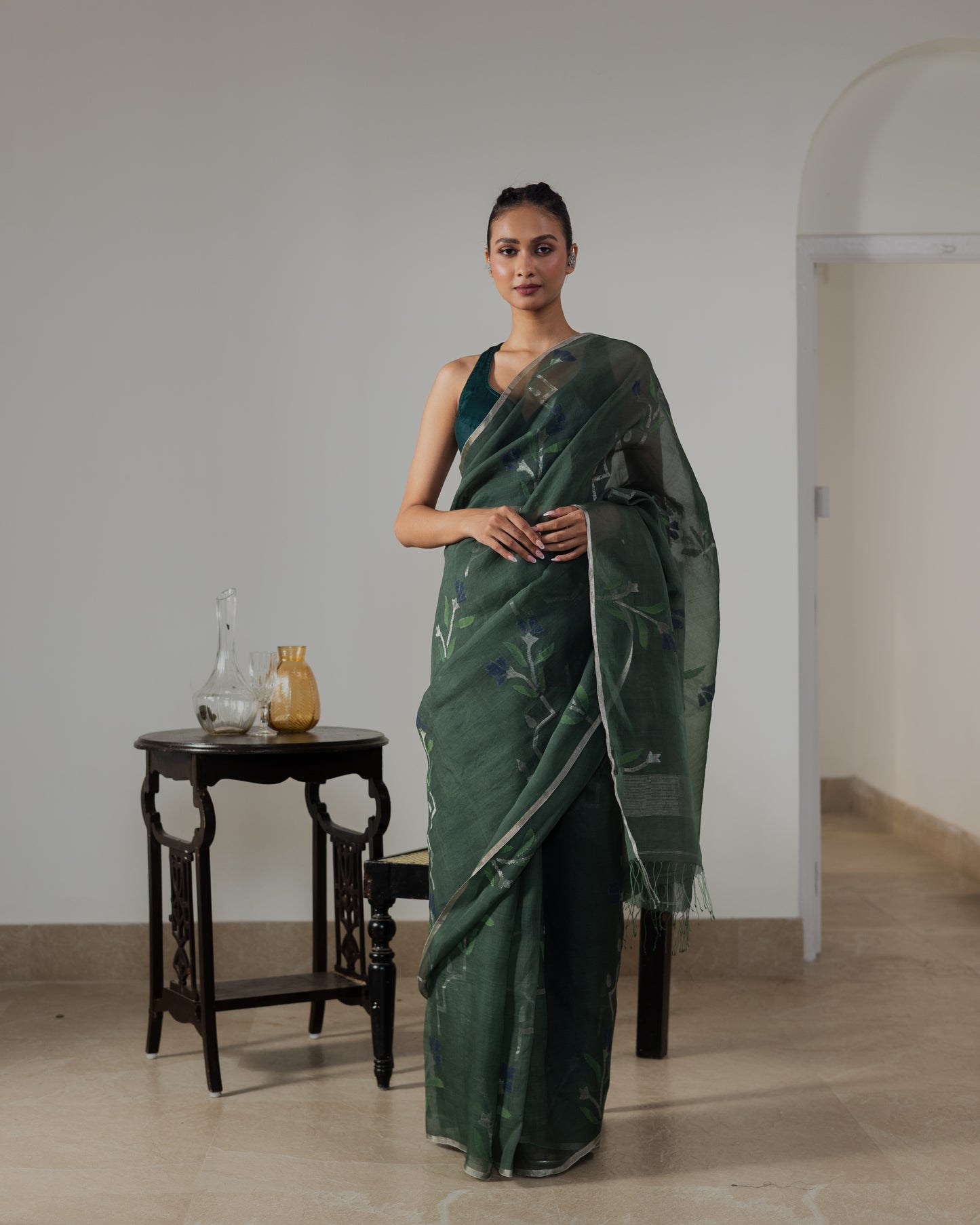 Green Pure Organza Silk Jamdani Handloom Saree