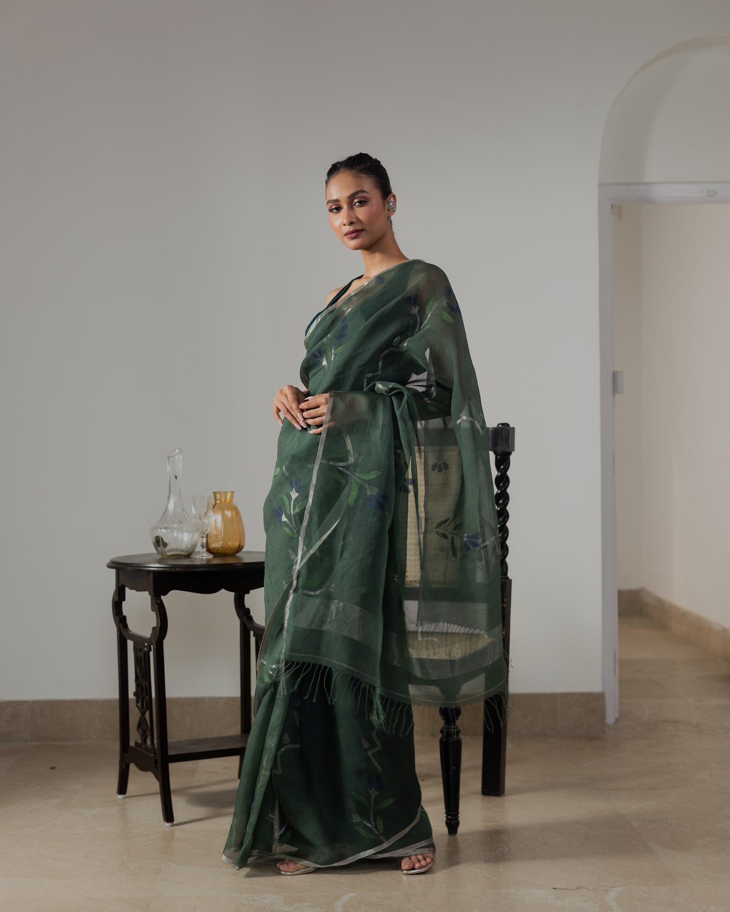 Green Pure Organza Silk Jamdani Handloom Saree