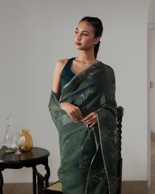Green Pure Organza Silk Jamdani Handloom Saree
