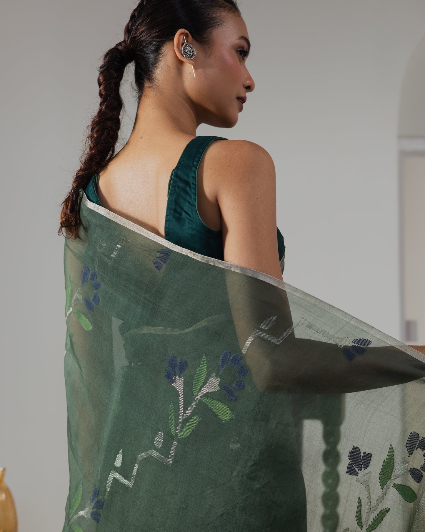 Green Pure Organza Silk Jamdani Handloom Saree