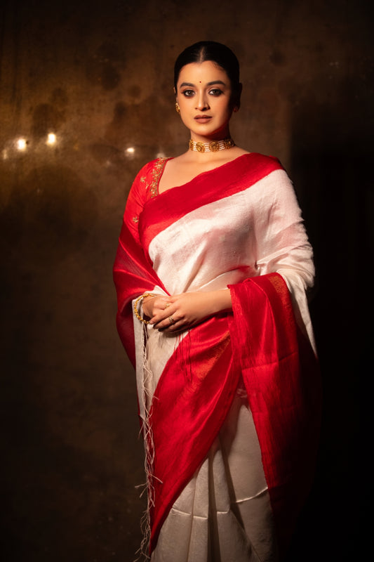 White and Red Pure Katan Silk Handloom Saree