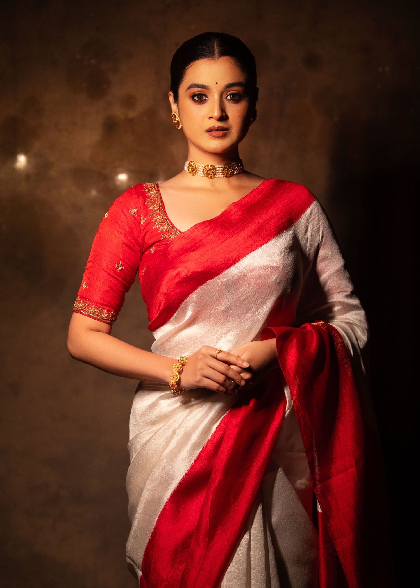 White and Red Pure Katan Silk Handloom Saree