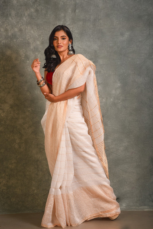 White Pure Silk Linen Handloom Saree