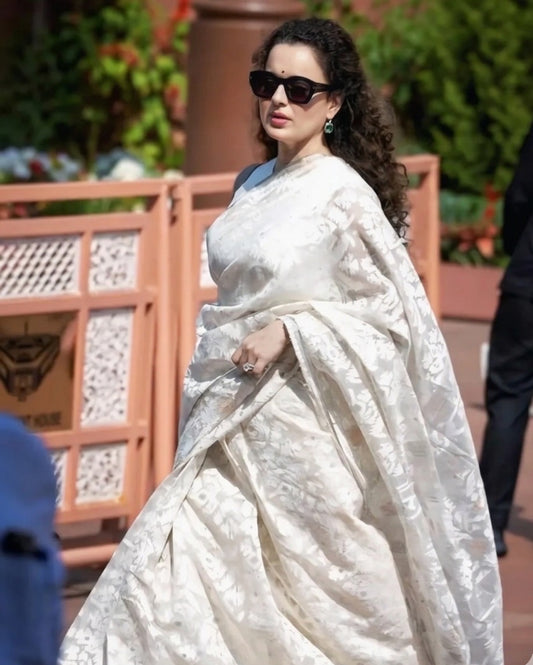 White Pure Organza Silk Traditional Jamdani Saree