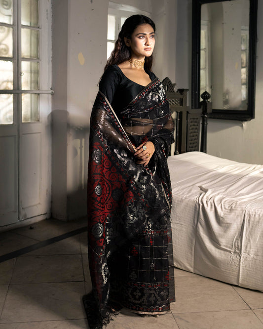 Black Pure Organza Traditional Jamdani Saree