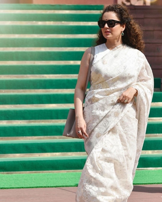 White Pure Organza Silk Traditional Jamdani Saree