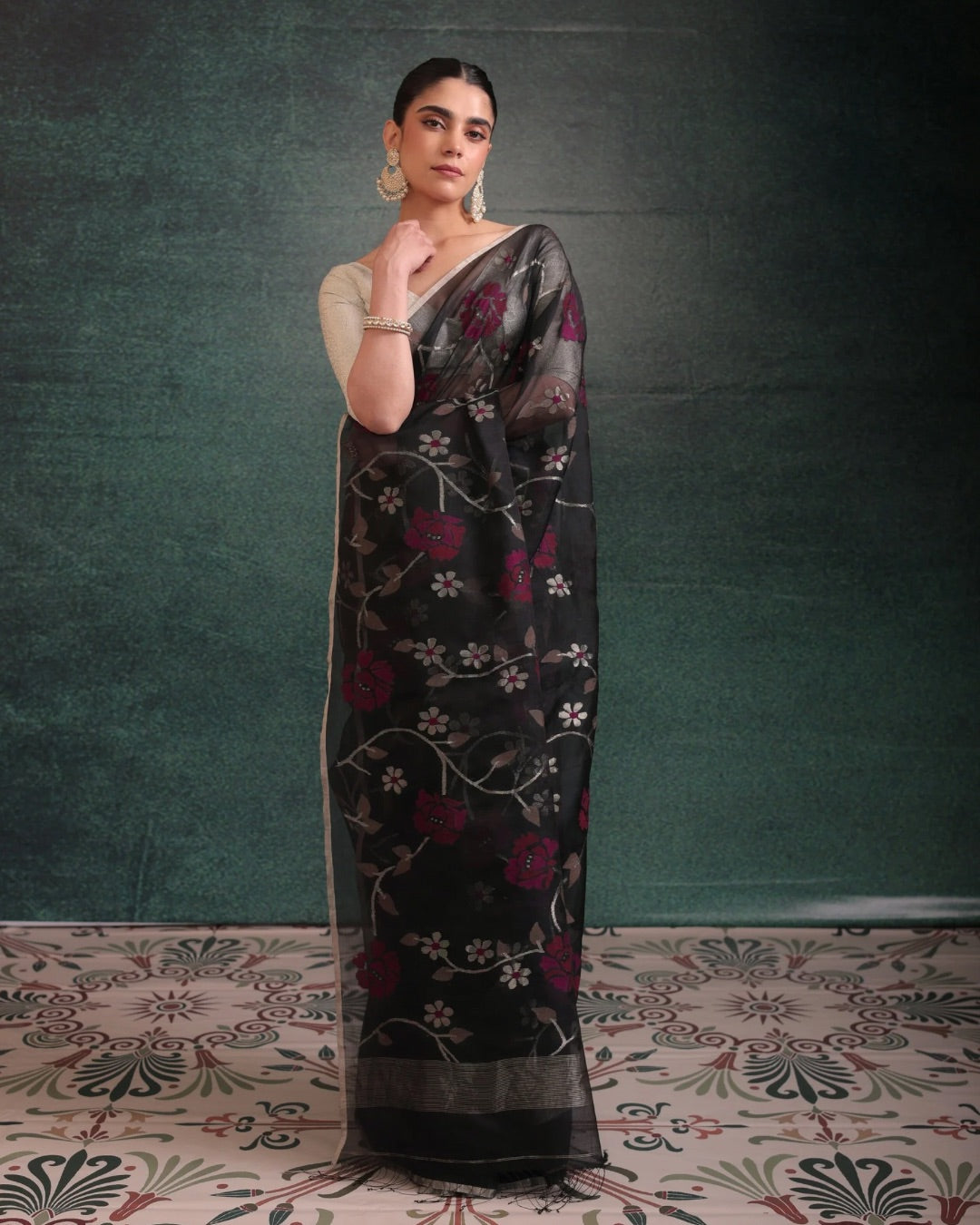 Black Pure Organza Silk Jamdani Handloom Saree