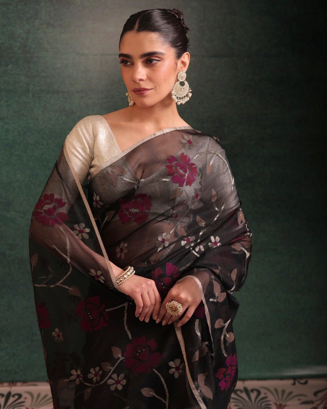 Black Pure Organza Silk Jamdani Handloom Saree